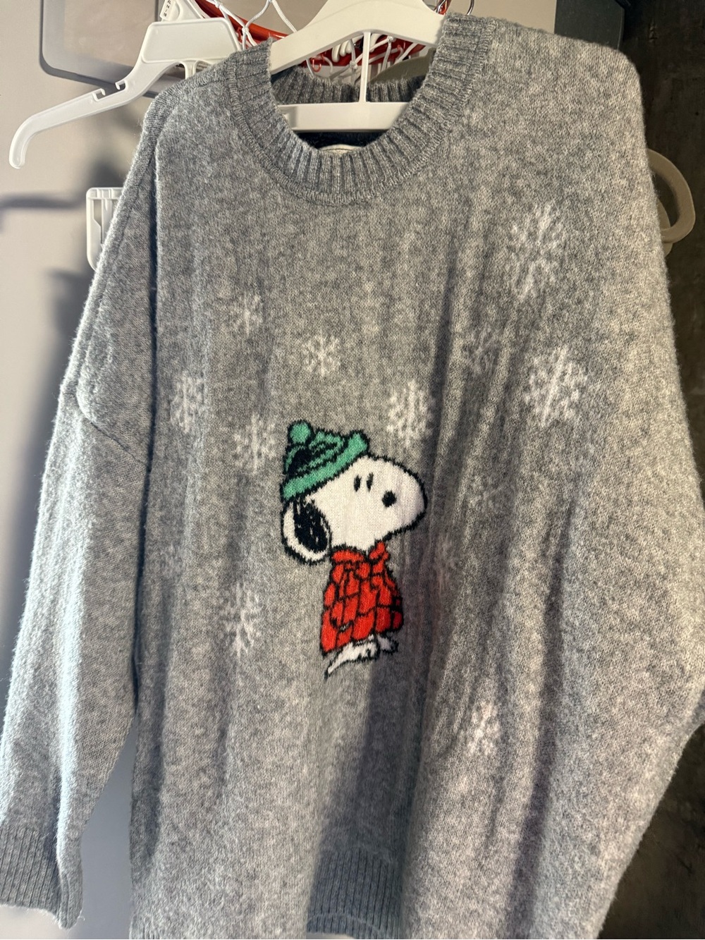 Gray Snoopy Winter Crewneck Sweater with Green Hat